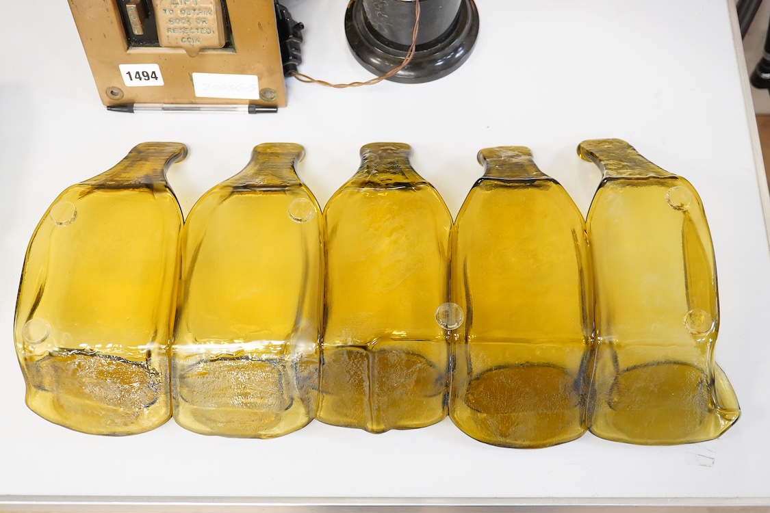 A Mary Canny five sectioned art glass ‘Amber bottle tray, 48cm wide x 24cm deep